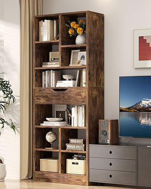 8-Tier Tall Narrow Bookshelf with Drawer