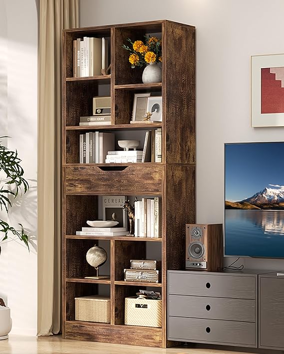 8-Tier Tall Narrow Bookshelf with Drawer