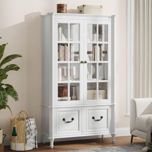 63" Tall Bookshelf with Glass Doors & Drawers