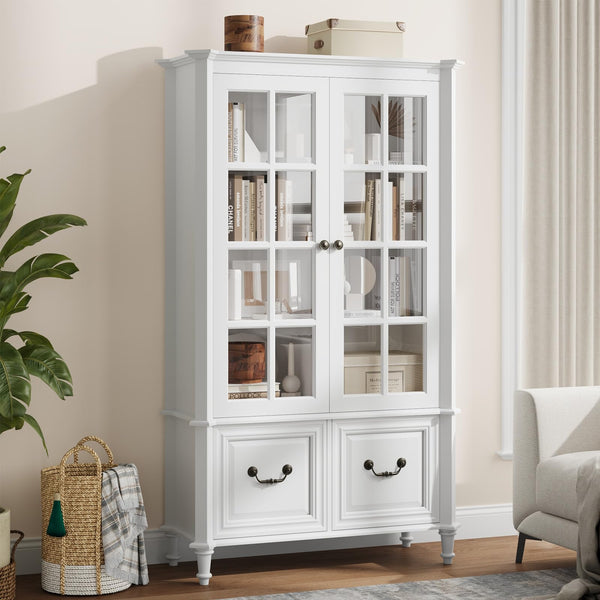 63" Tall Bookshelf with Glass Doors & Drawers