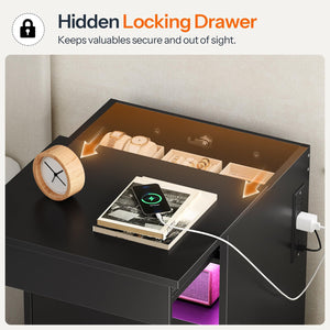 Nightstand with Charging Station, LED Light, Lockable Compartment & Drawers