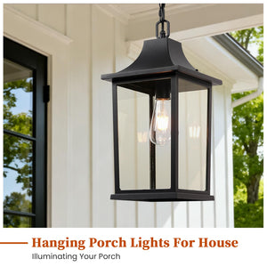 Large Outdoor Pendant Light – Black Aluminum Hanging Lantern with Adjustable Chain