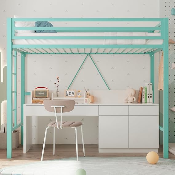 Twin Metal Loft Bed with Guardrail & Ladder