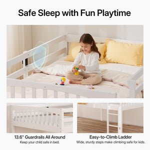 Kids Low Loft Bed Full Size - Solid Wood with LED Lights & USB Ports