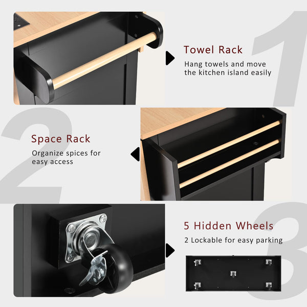 Rolling Kitchen Island with Drop Leaf Countertop & Power Outlets