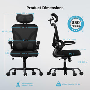Ergonomic Office Chair 330LBS with Lumbar Support & Flip-Up Armrests