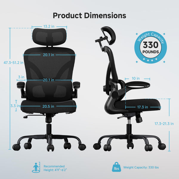 Ergonomic Office Chair 330LBS with Lumbar Support & Flip-Up Armrests