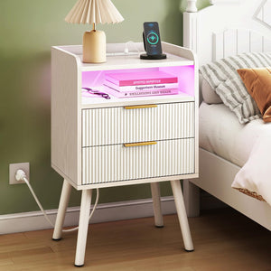 Fluted Nightstand with Charging Station & LED