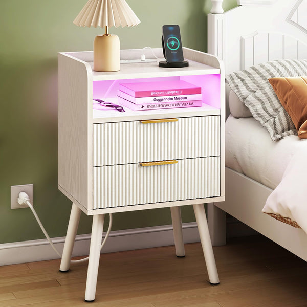 Fluted Nightstand with Charging Station & LED