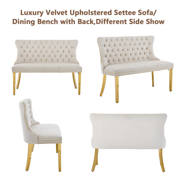 Velvet Settee Dining Bench with Back – Button Tufted Loveseat with Nailhead Trim