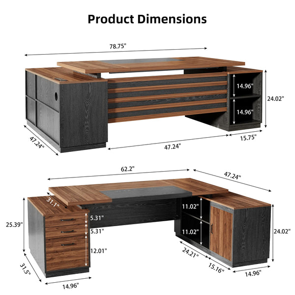 L-Shaped Executive Desk with Storage & Power Outlet, 78"