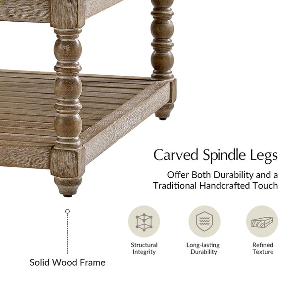 Upholstered Rectangular Ottoman with Spindle Legs & Storage Shelf