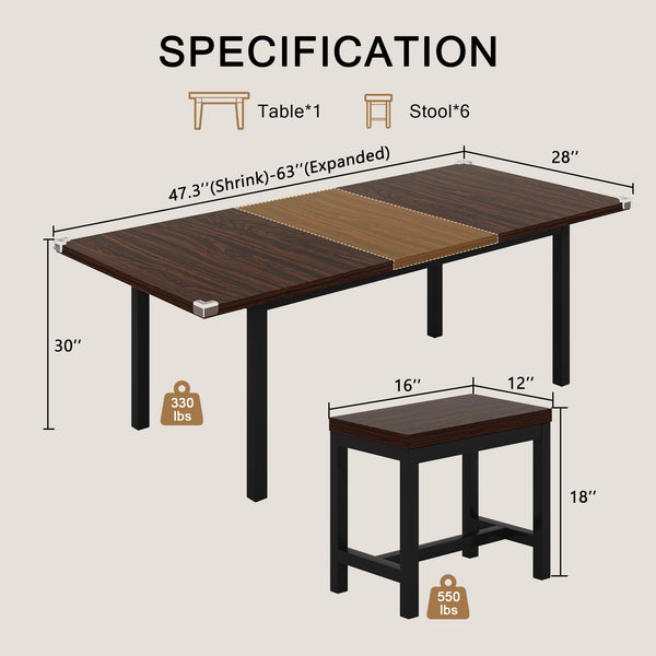 Extendable Dining Table Set with 6 Stools, Metal Frame & MDF, 63"