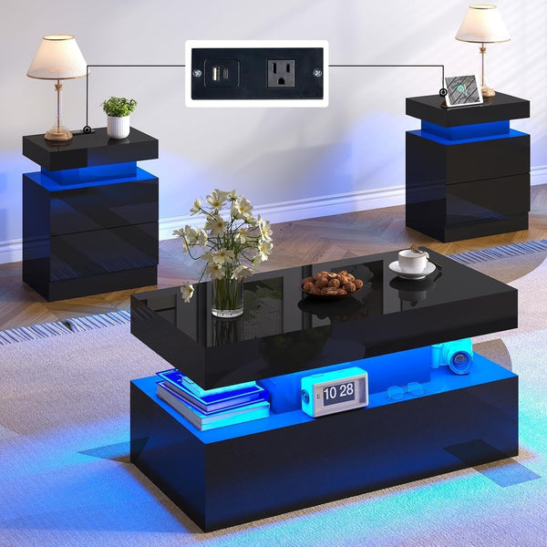 3-Piece Coffee & End Table Set with LED Light & Charging Station – Black