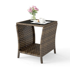 Outdoor Wicker Side Table with Glass Top