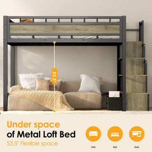Twin Loft Bed with Stairs & 53.5" Under-Bed Clearance