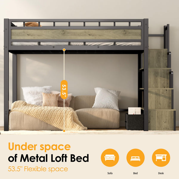 Twin Loft Bed with Stairs & 53.5" Under-Bed Clearance