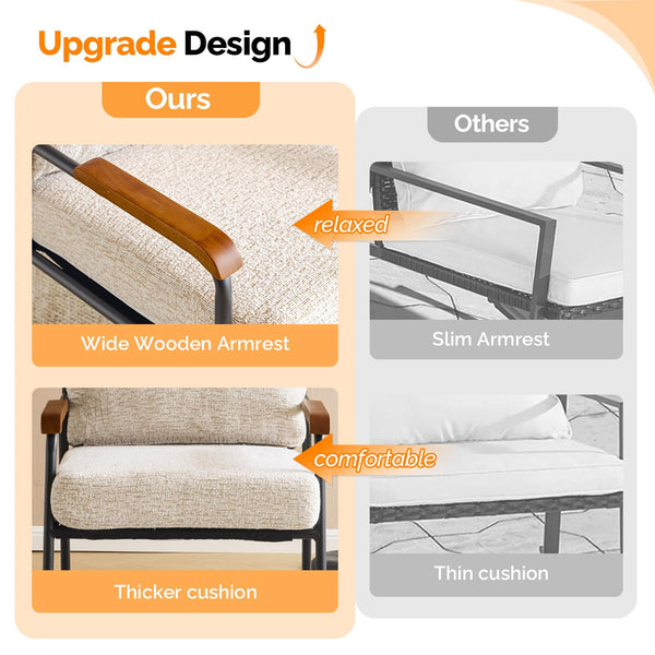 Mid-Century Modern Accent Armchair with Wood Armrests – Linen Upholstered Reading Chair