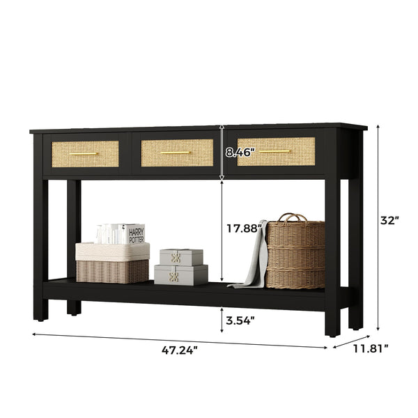Rattan Console Table with 3 Drawers – Narrow Entryway Sofa Table with Storage