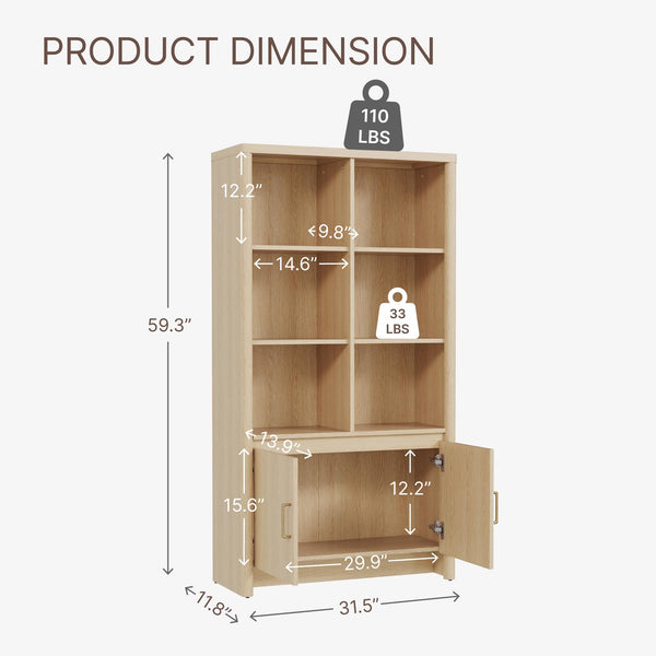 59" Tall Bookcase with Doors & Adjustable Shelves