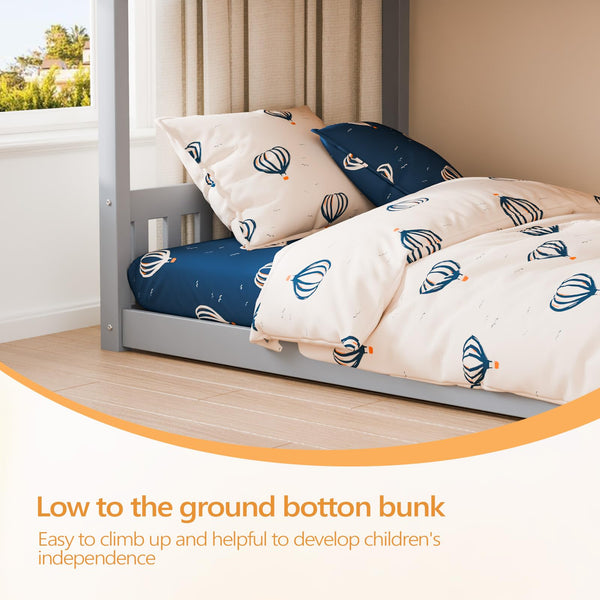 Low Twin Over Twin Bunk Bed with Guardrails & Ladder