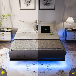 Floating Bed Frame with LED Lights & Charging Station
