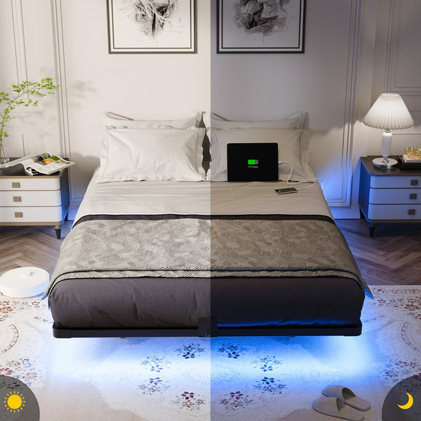 Floating Bed Frame with LED Lights & Charging Station