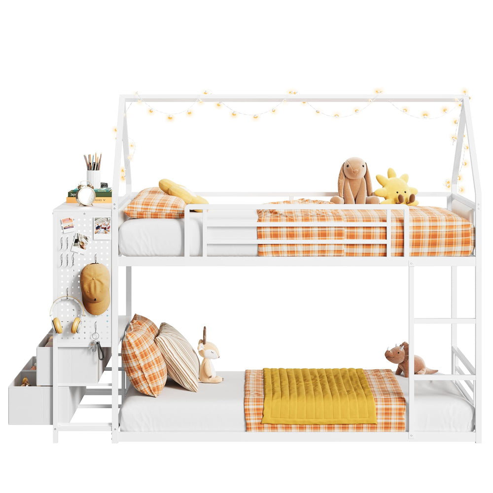 Twin Over Twin House Bunk Bed with Hall Tree & 6 Storage Drawers