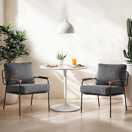 Mid-Century Modern Accent Armchair with Wood Armrests – Linen Upholstered Reading Chair