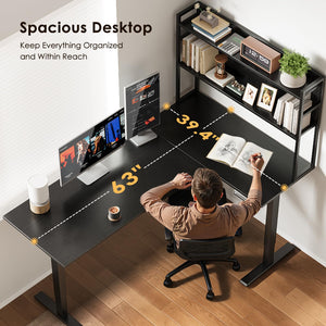 L-Shaped Electric Standing Desk 63 Inch with Storage Shelf