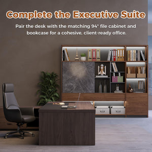 L-Shaped Executive Desk with LED Accent Light, Locking Drawers & 3-in-1 Charging Station