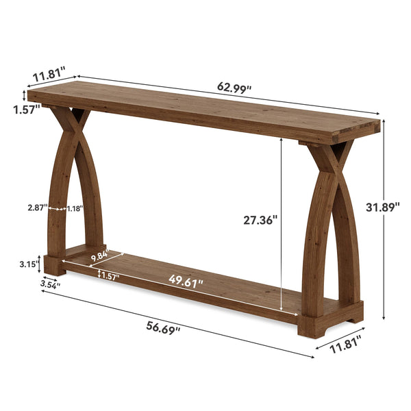 63-Inch Solid Wood Console Table with 2-Tier Storage