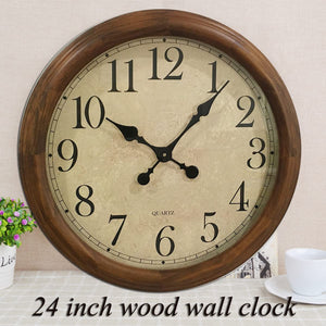 24-Inch Wood Silent Wall Clock – Large Decorative Non-Ticking Battery Operated