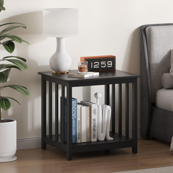 End Tables Set of 2 with 2-Tier Storage Shelf – Black