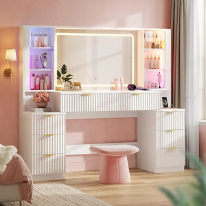 Large Makeup Vanity Desk with LED Mirror, 8 Drawers & Charging Station