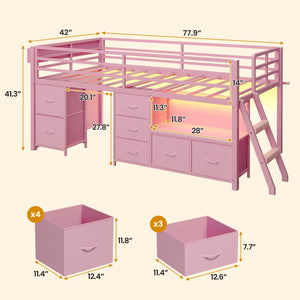 Low Loft Bed Twin Size with Storage Drawers, Bookcase and LED Lights