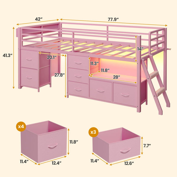 Low Loft Bed Twin Size with Storage Drawers, Bookcase and LED Lights