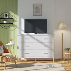 6-Drawer Fabric Dresser with Faux Leather Front & Wood Top