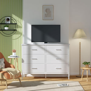 6-Drawer Fabric Dresser with Faux Leather Front & Wood Top