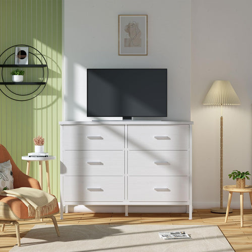 6-Drawer Fabric Dresser with Faux Leather Front & Wood Top