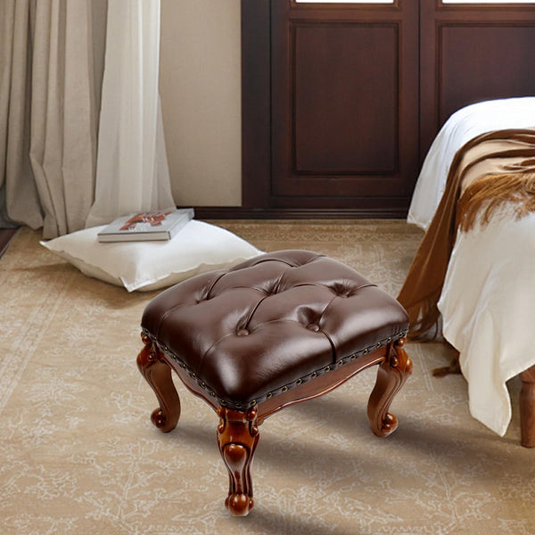 Solid Wood Leather Footstool Ottoman