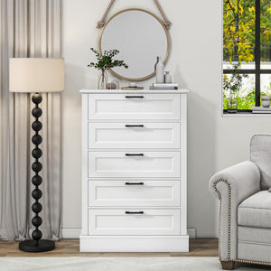 White 5-Drawer Dresser with Black Handles