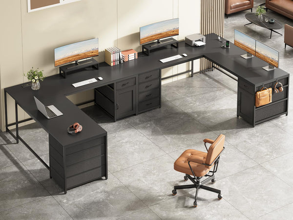 L-Shaped Desk with Drawers, Power Outlet & Monitor Shelf