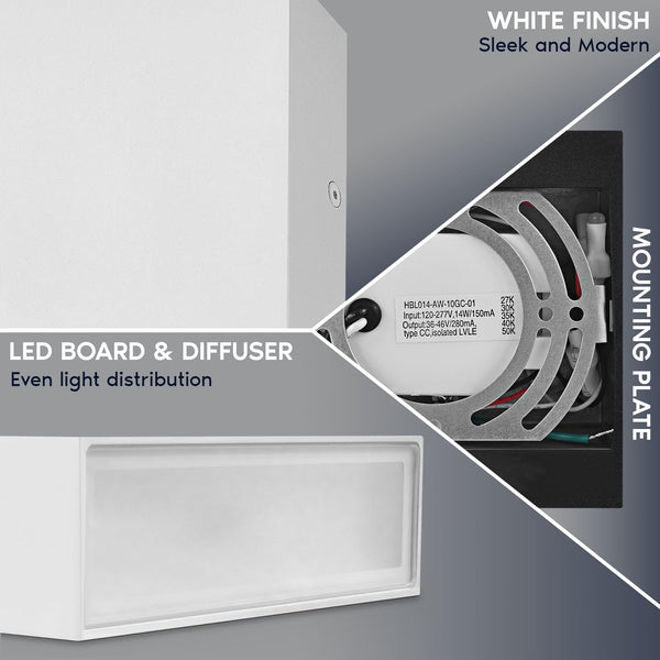 Square LED Up Down Wall Sconces Set of 2 – 5CCT Selectable, IP65 Waterproof, Metal, White