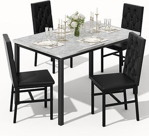 5-Piece Faux Marble Dining Table Set with Button-Tufted Chairs