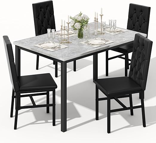 5-Piece Faux Marble Dining Table Set with Button-Tufted Chairs
