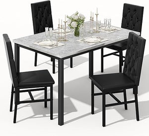 5-Piece Faux Marble Dining Table Set with Button-Tufted Chairs