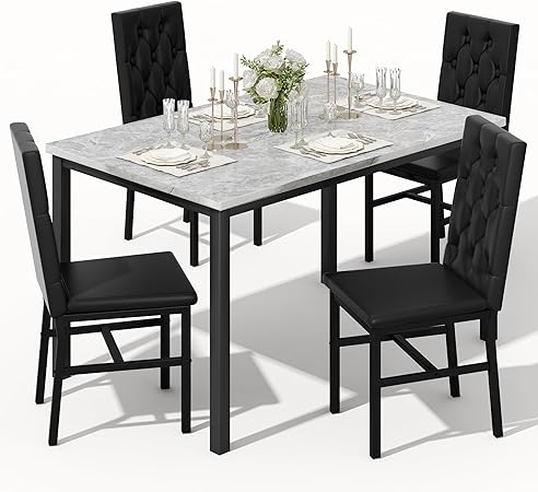 5-Piece Faux Marble Dining Table Set with Button-Tufted Chairs
