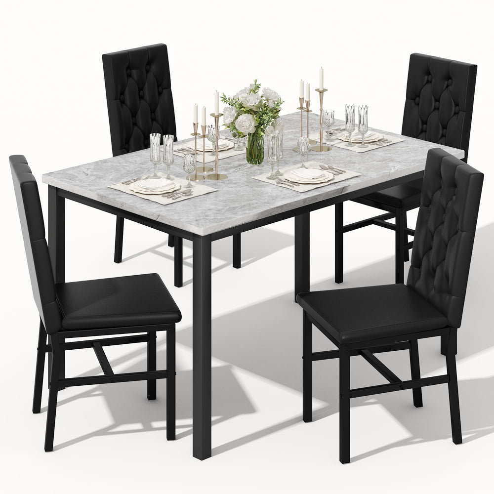5-Piece Faux Marble Dining Table Set with Button Tufted Chairs
