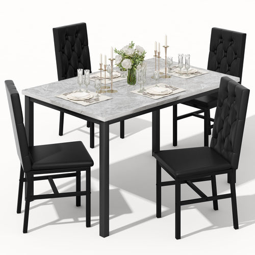 5-Piece Faux Marble Dining Table Set with Button Tufted Chairs